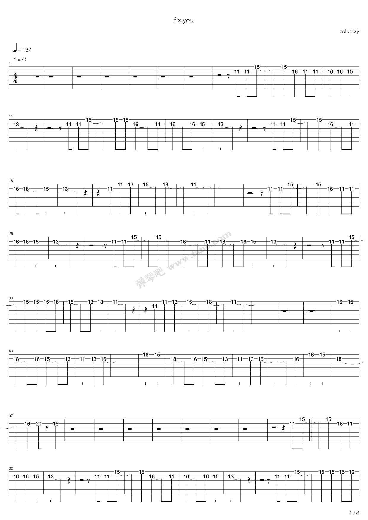 《Fix You》吉他谱-C大调音乐网
