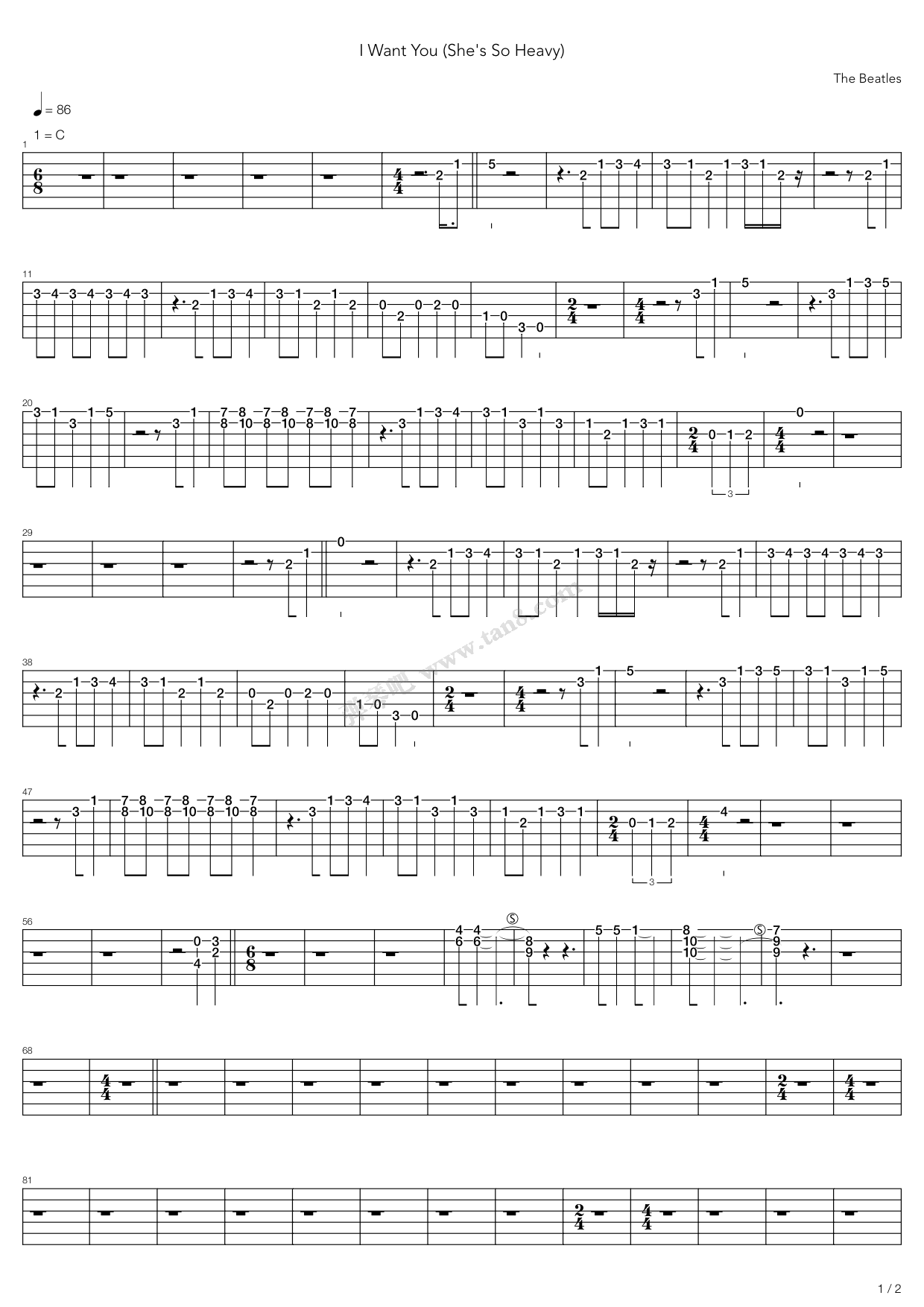 《I Want You Shes So Heavy》吉他谱-C大调音乐网