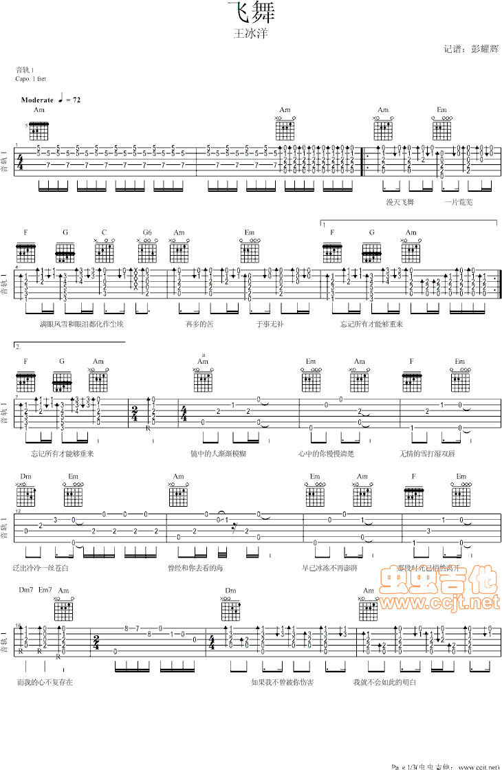 《飞舞—ynwxpyw编配版》吉他谱-C大调音乐网