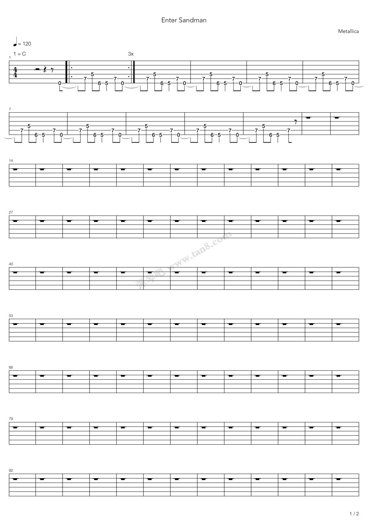 《Enter Sandman》吉他谱-C大调音乐网
