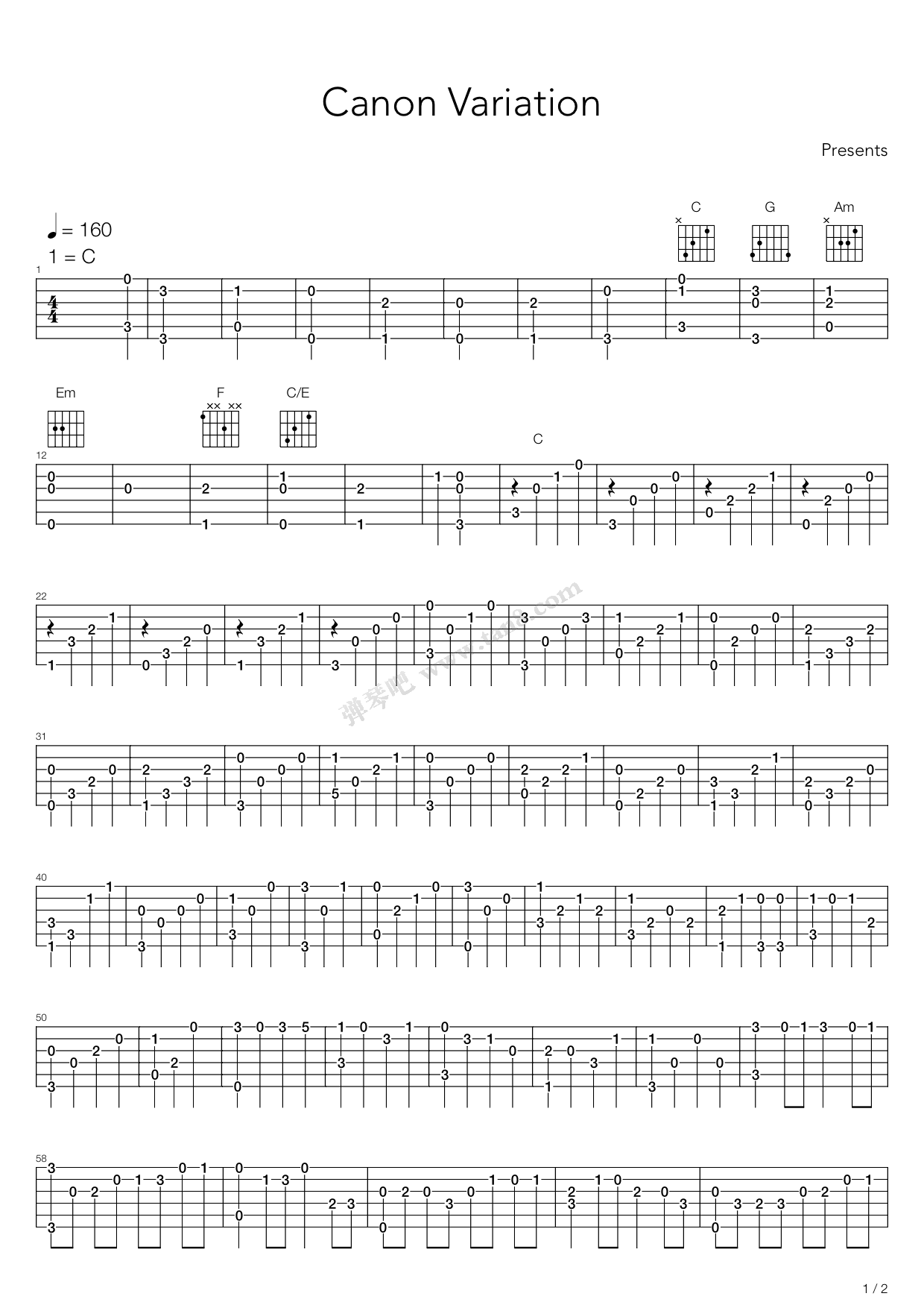 《卡农(Canon)》吉他谱-C大调音乐网