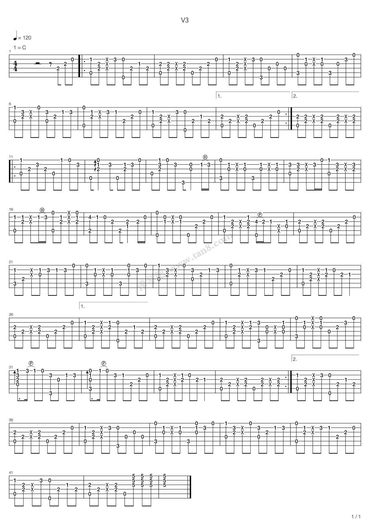 《V3》吉他谱-C大调音乐网