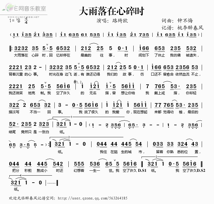 《大雨落在心碎时——路绮欧（简谱）》吉他谱-C大调音乐网