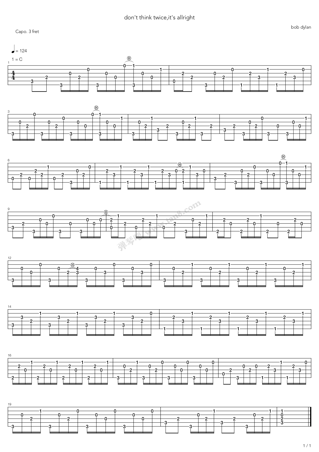 《Dont Think Twice Its Alright》吉他谱-C大调音乐网