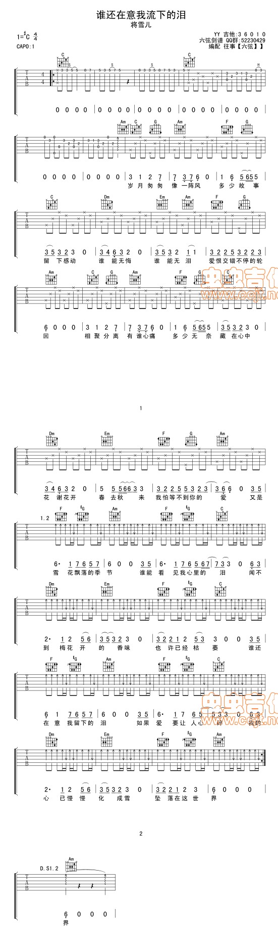 《谁还在意我留下的泪》吉他谱-C大调音乐网