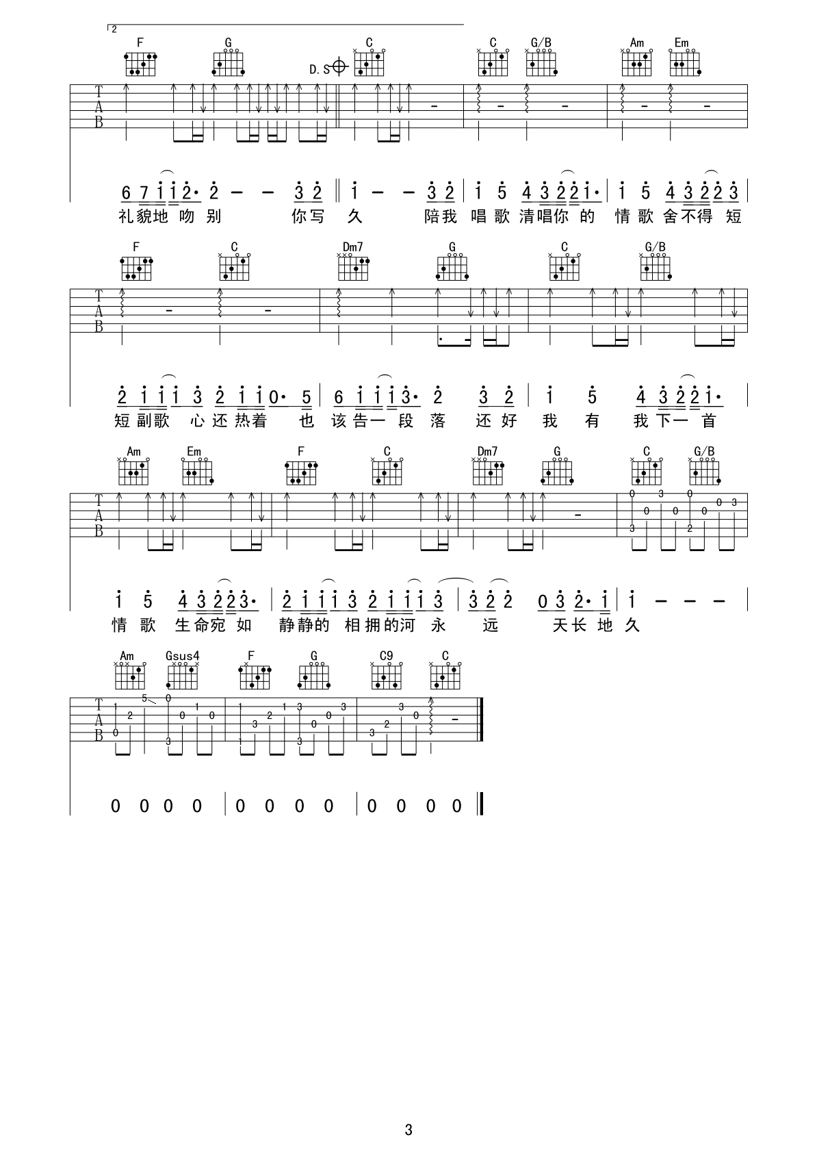 梁静茹 情歌吉他谱 C调高清版-C大调音乐网