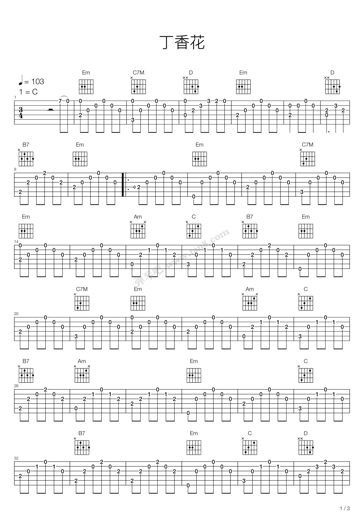 《丁香花》吉他谱-C大调音乐网