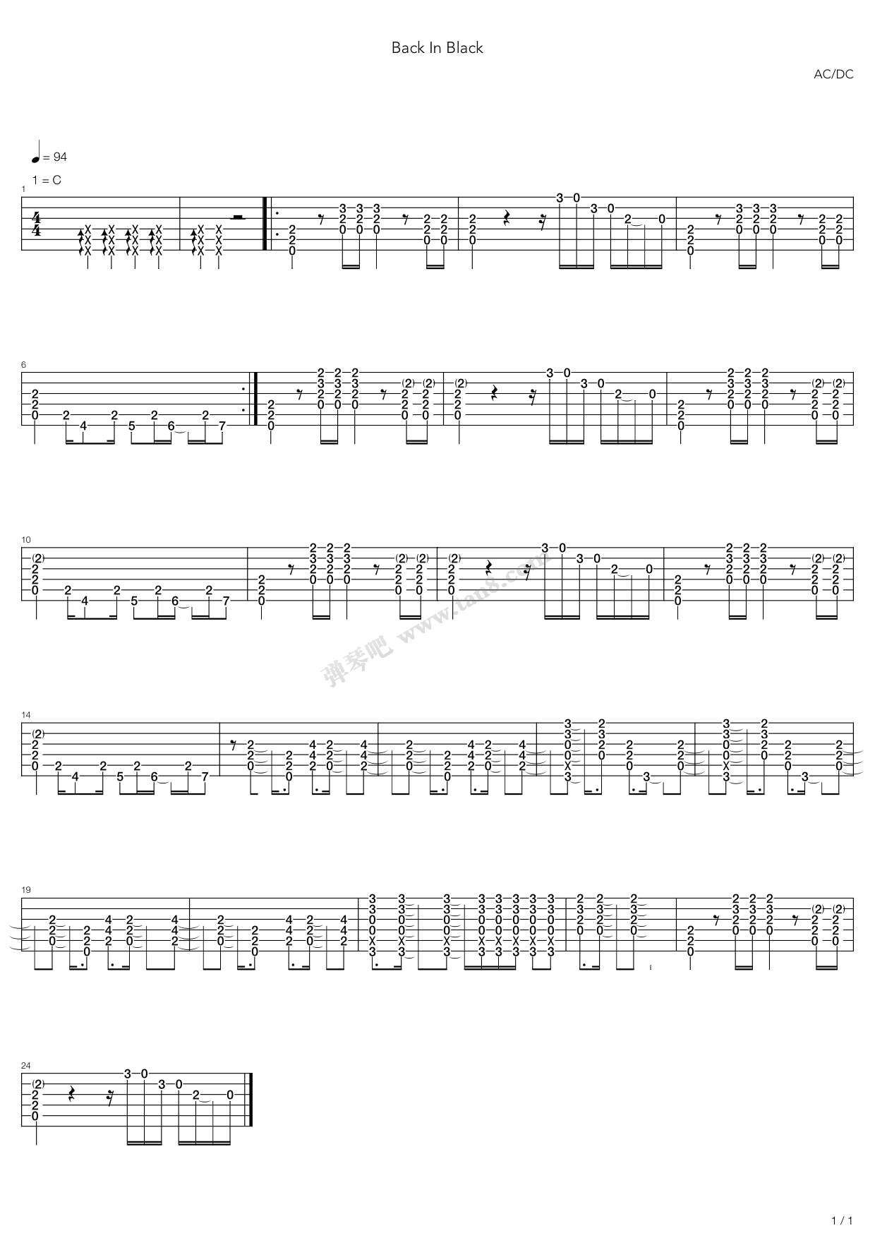 《Back In Black》吉他谱-C大调音乐网