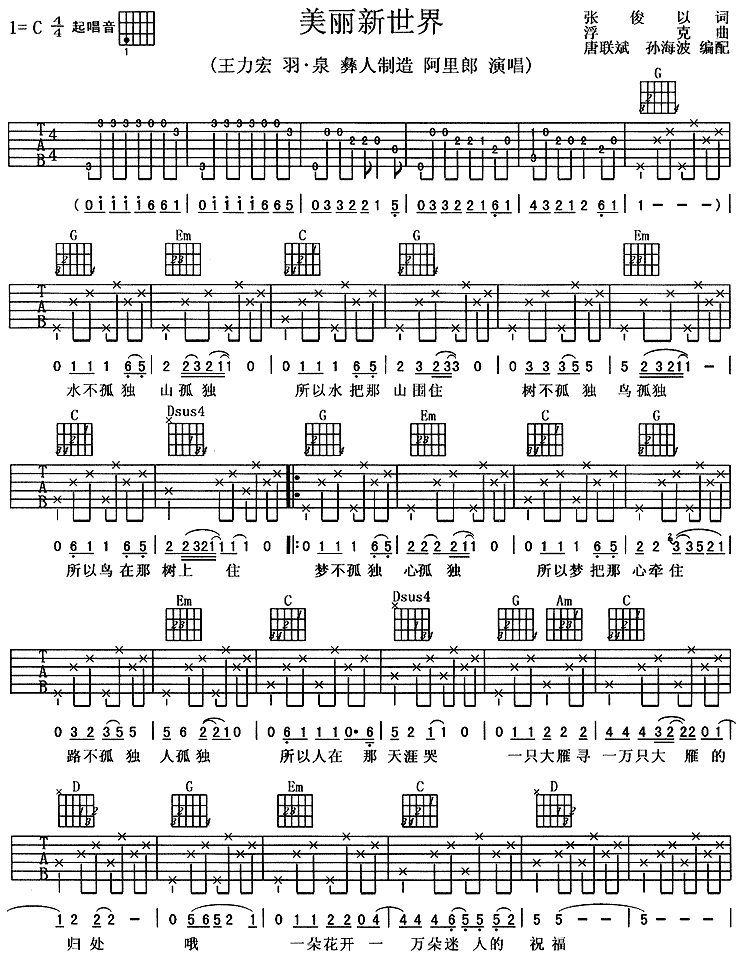 《美丽新世界－王力宏 羽泉等（吉他谱）》吉他谱-C大调音乐网