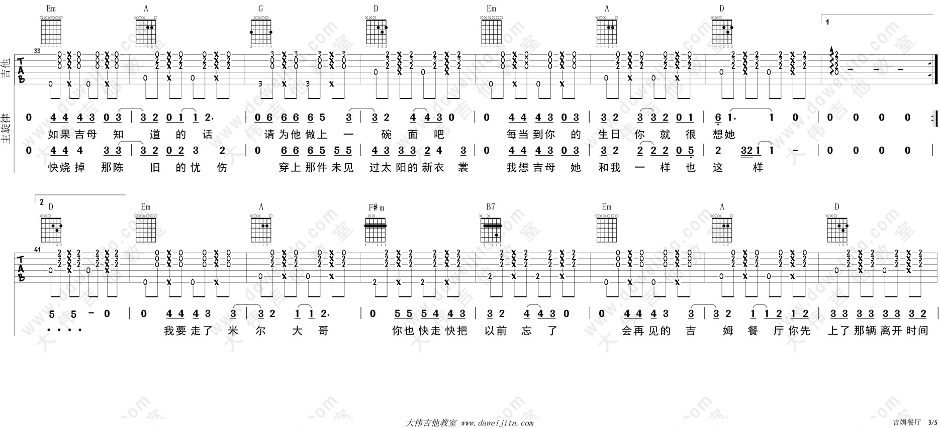 《吉姆餐厅》吉他谱-C大调音乐网