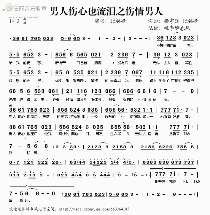 《男人伤心也流泪之伤情男人——张铭峰（简谱）》吉他谱-C大调音乐网