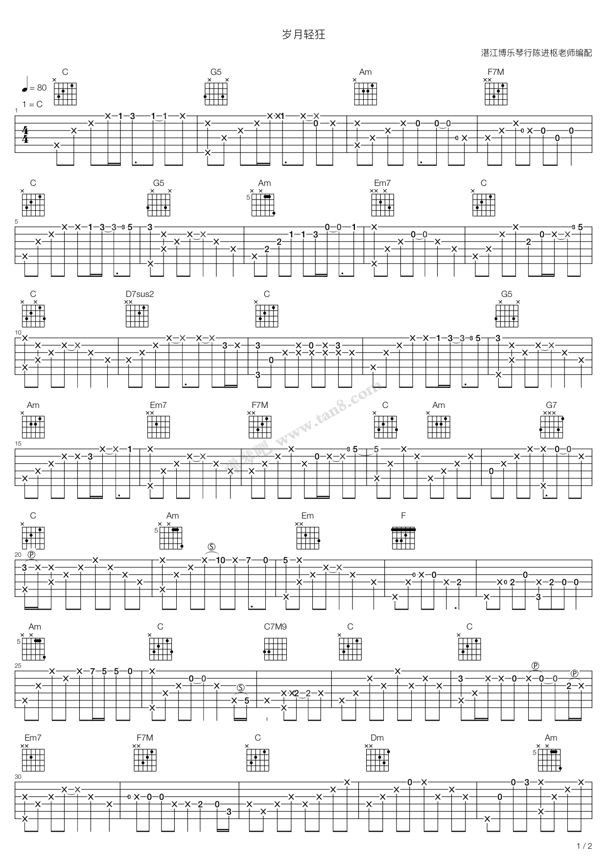 《岁月轻狂-独奏 指弹》吉他谱-C大调音乐网