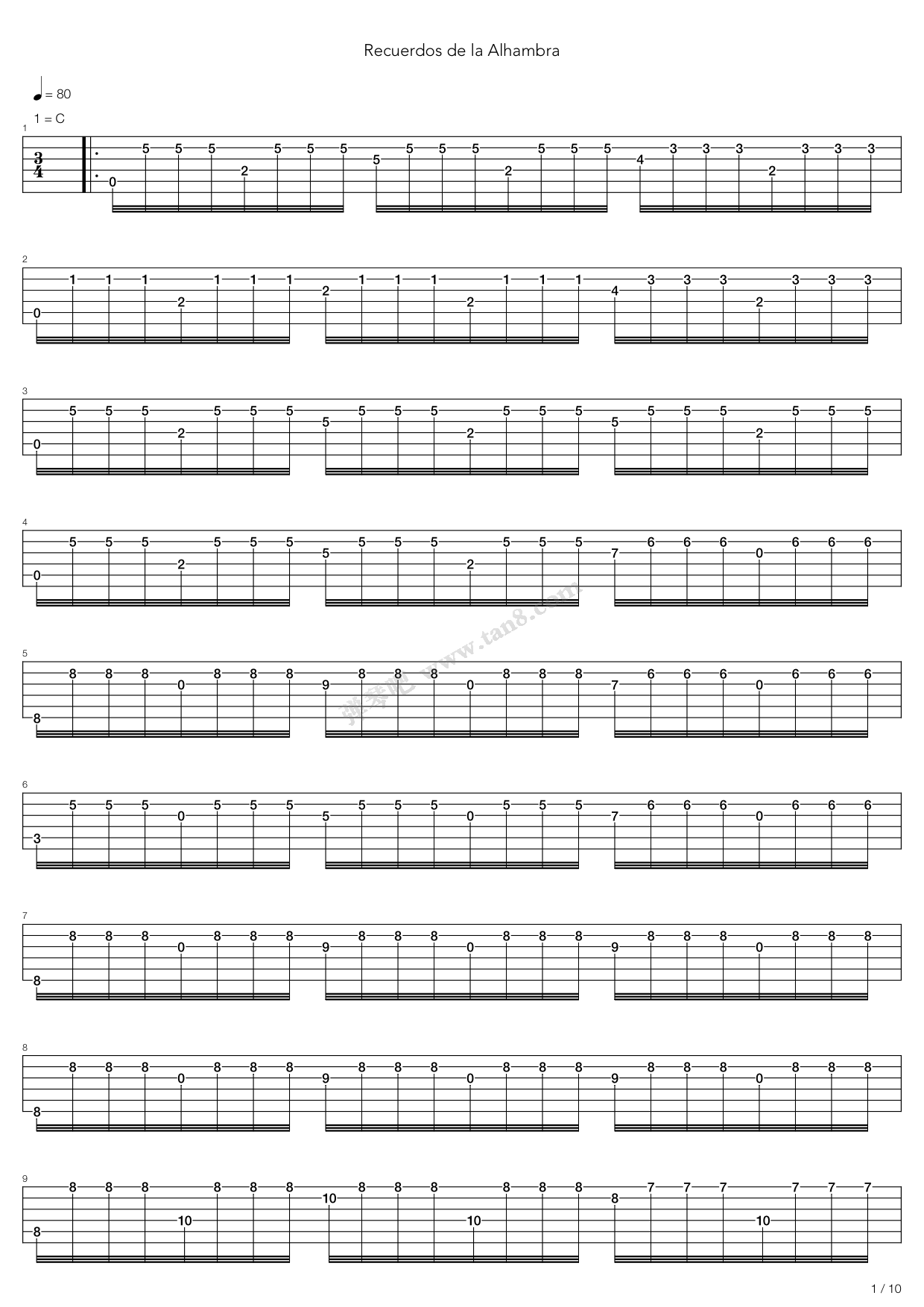 《阿尔罕布拉宫的回忆》吉他谱-C大调音乐网