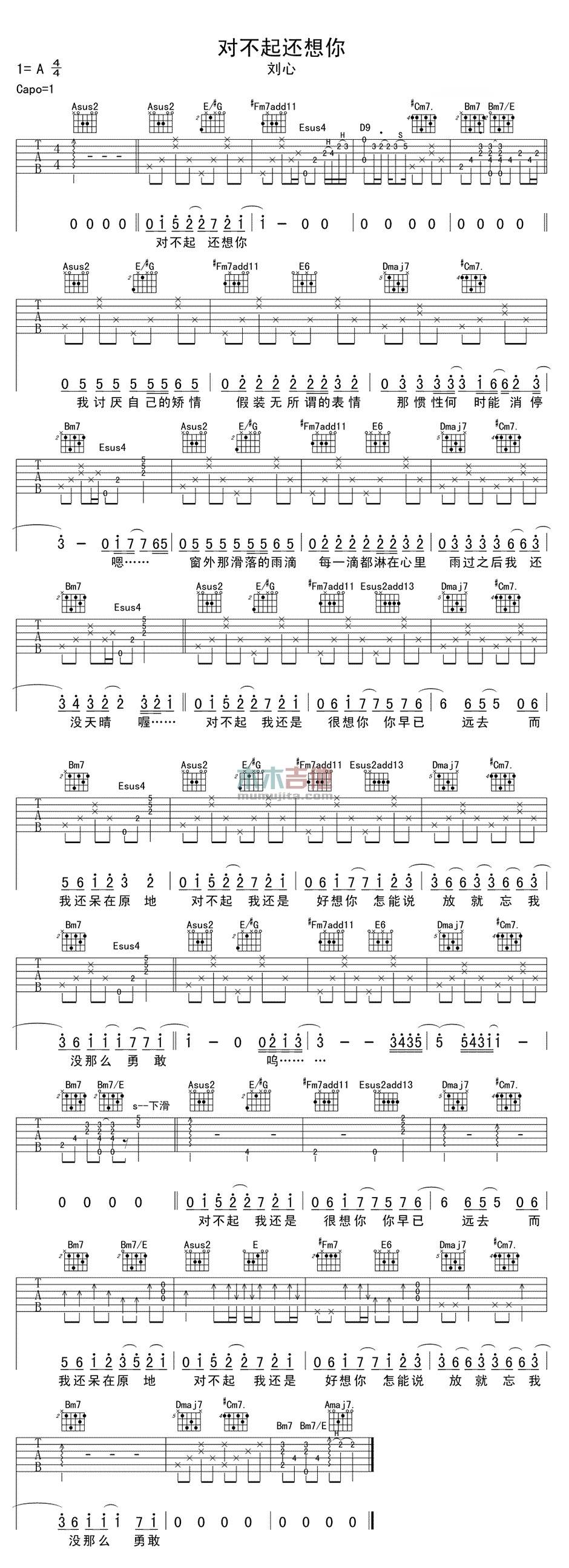《对不起,还想你》吉他谱-C大调音乐网