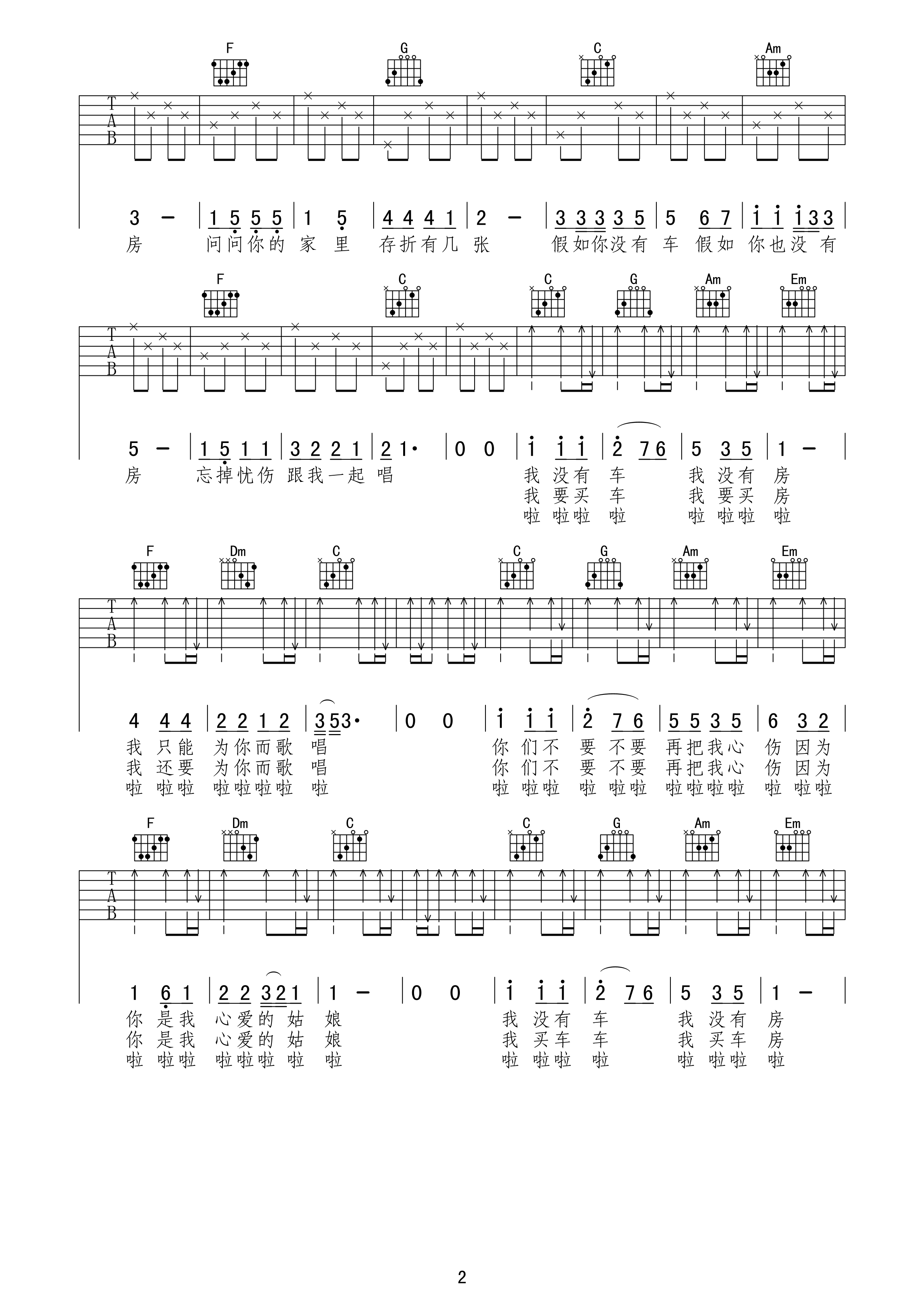 《孙辉 没有车没有房吉他谱 C调午夜吉他版》吉他谱-C大调音乐网