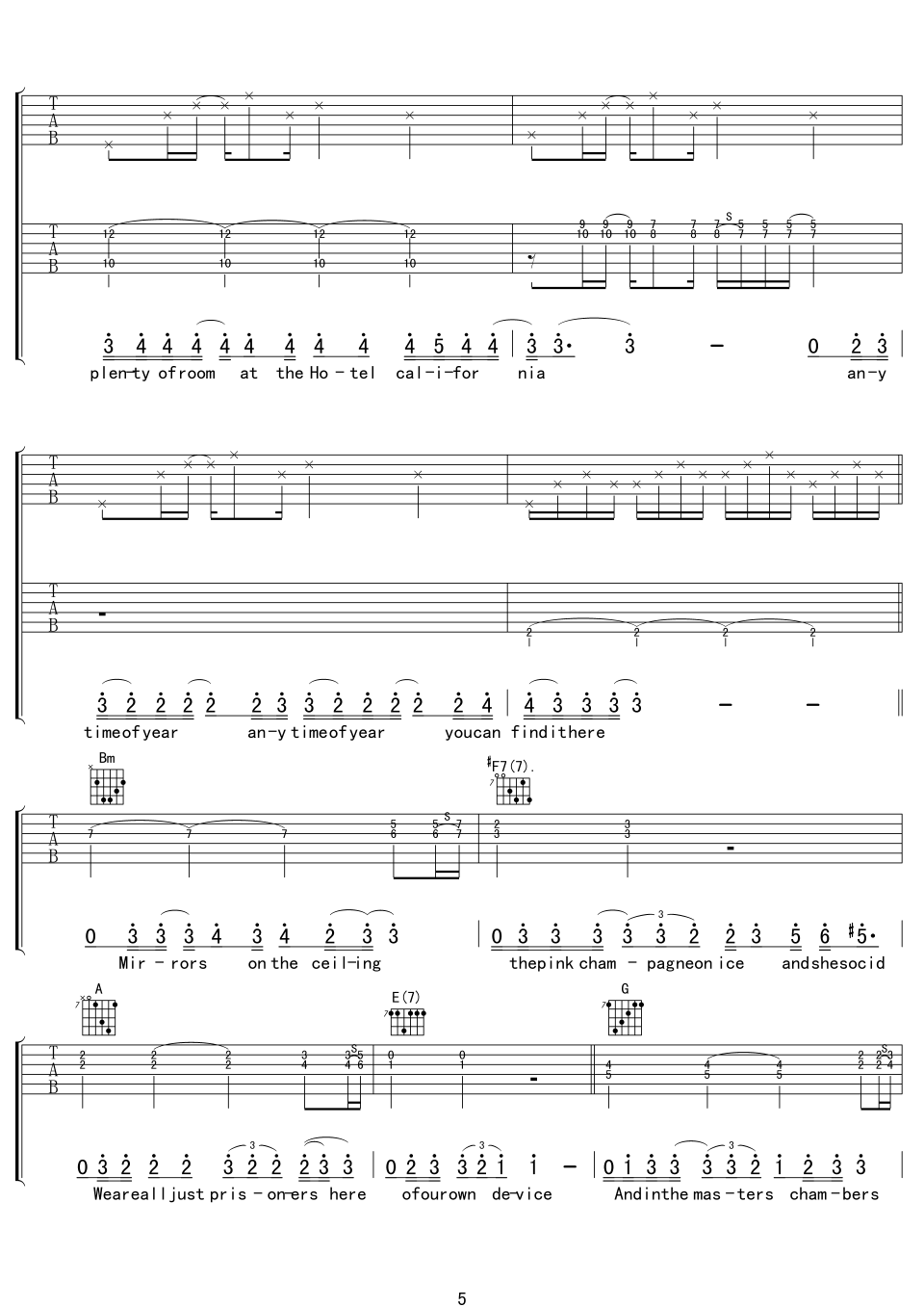 《Eagles Hotel California》吉他谱-C大调音乐网