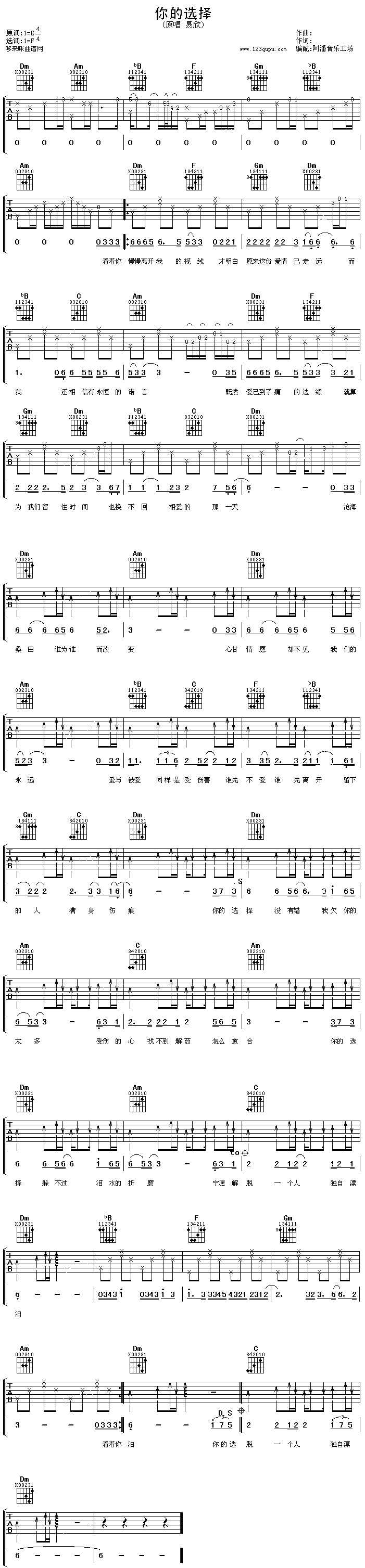 《你的选择（易欣）》吉他谱-C大调音乐网