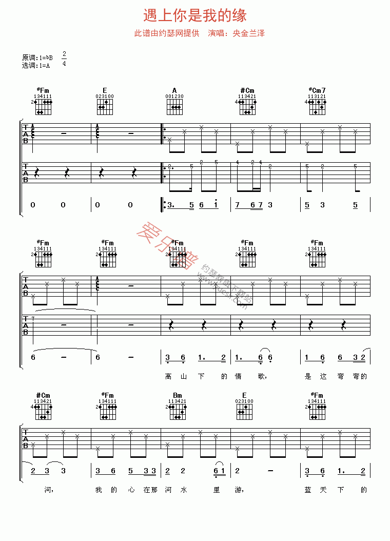 《央金兰泽《遇上你是我的缘》》吉他谱-C大调音乐网