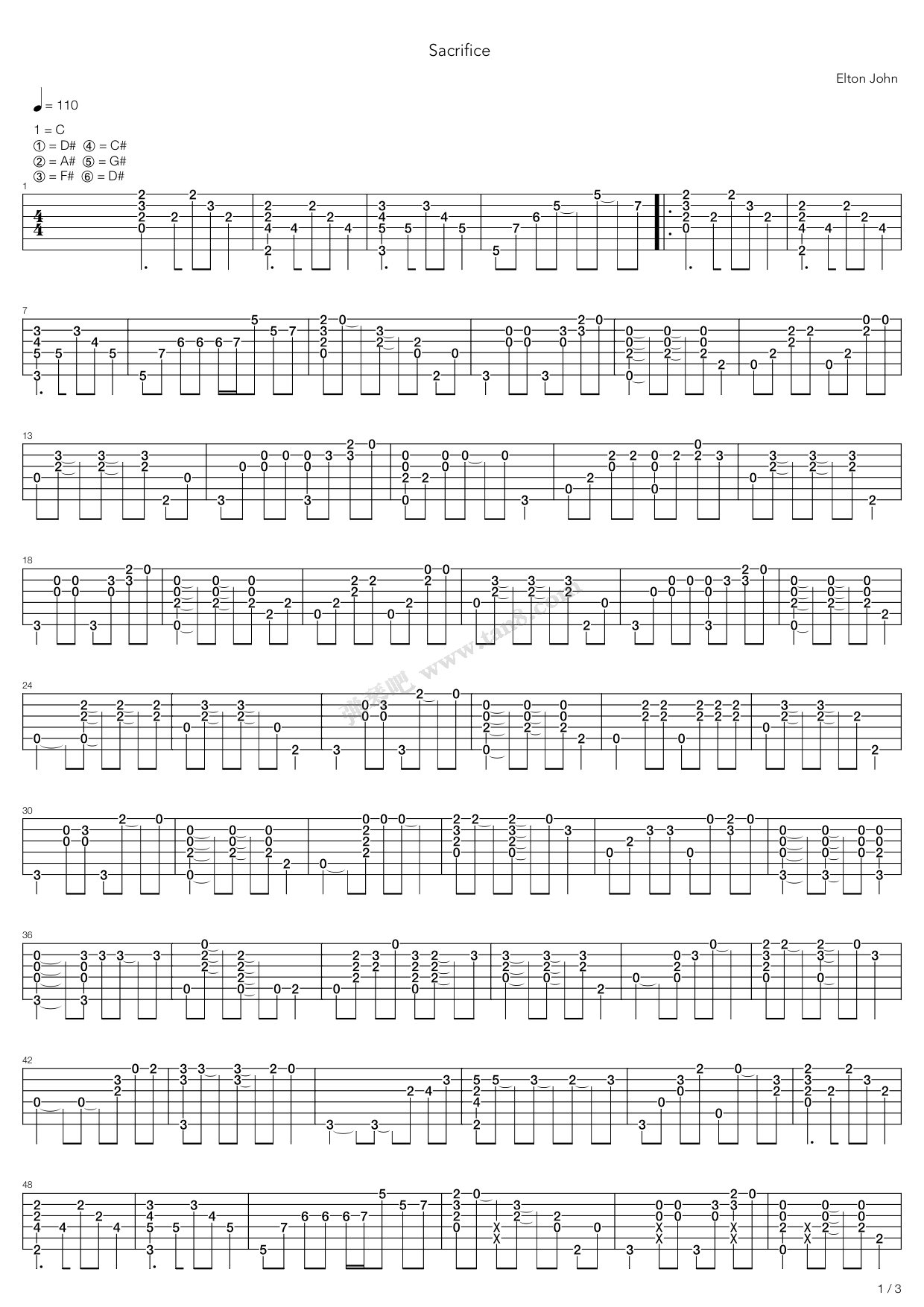 《Sacrifice》吉他谱-C大调音乐网