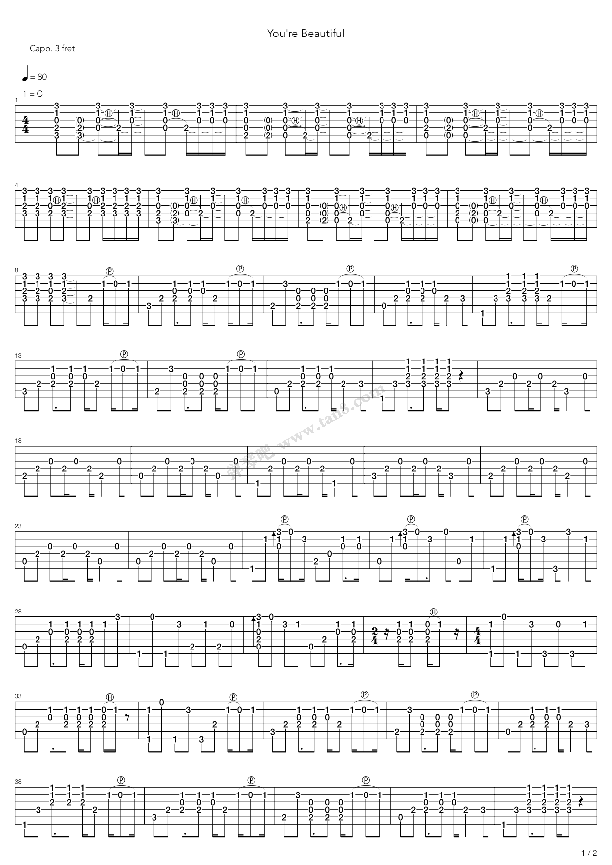 《You Are Beautiful 指弹》吉他谱-C大调音乐网