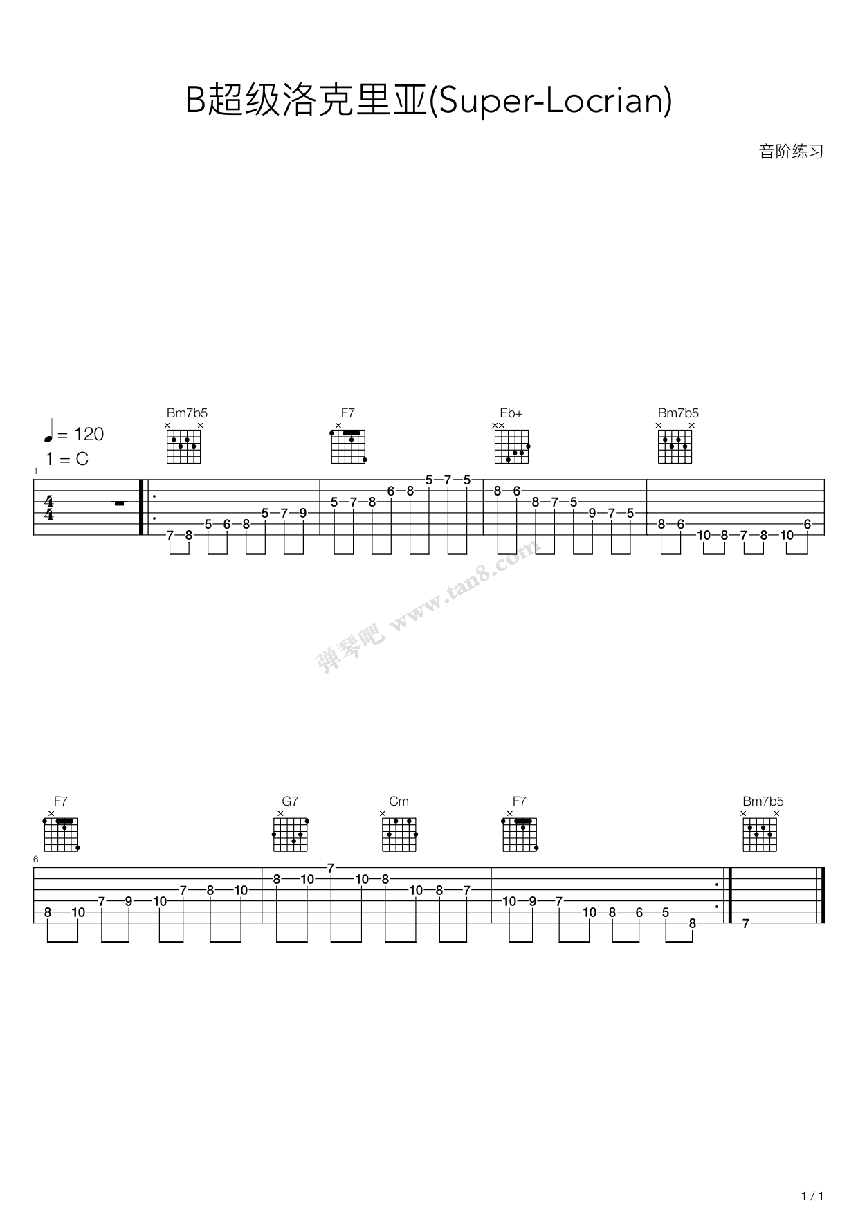 《木吉他华彩音阶练习 - B超级洛克里亚(Super-Locrian) ...》吉他谱-C大调音乐网
