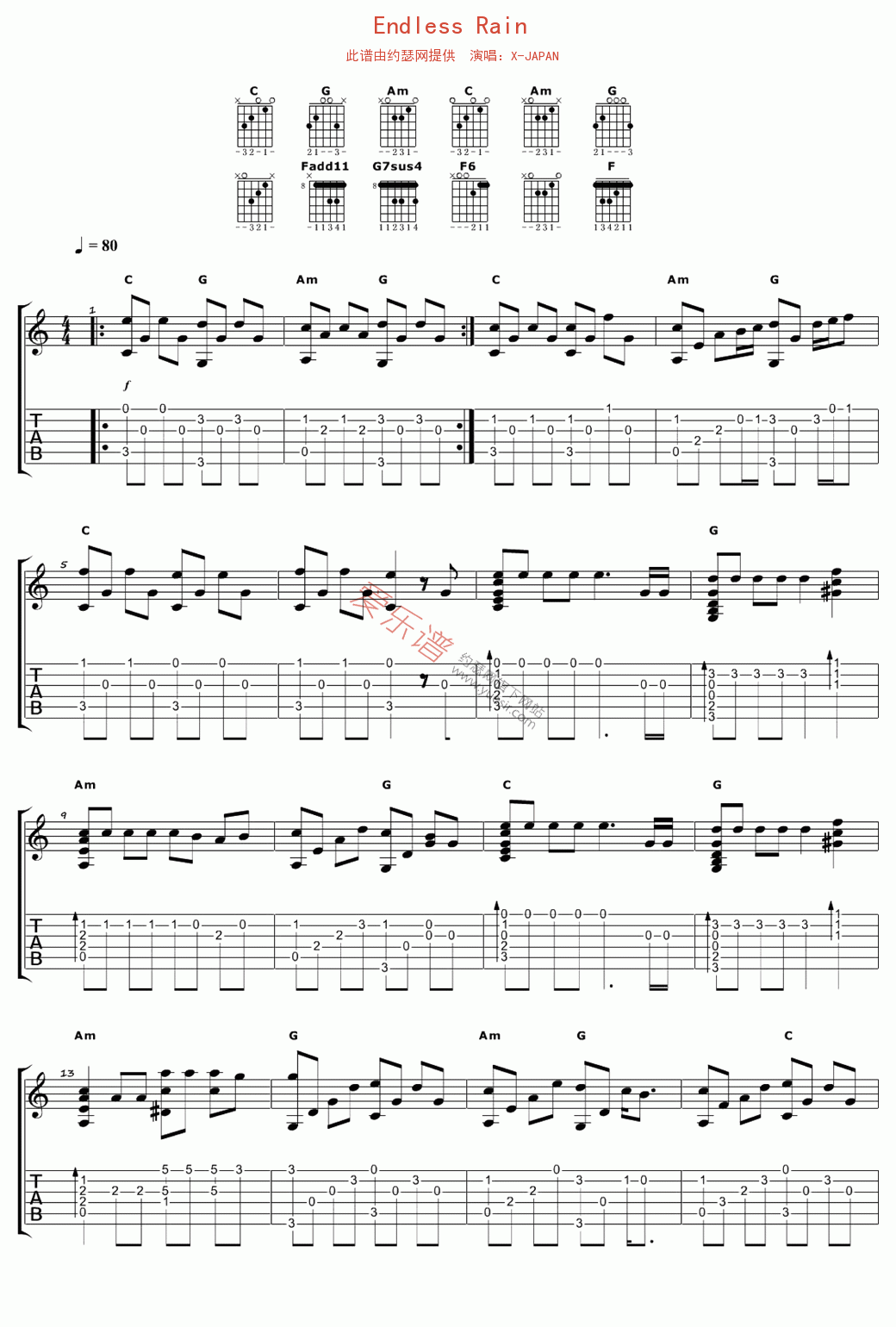 《X-JAPAN《Endless Rain》》吉他谱-C大调音乐网