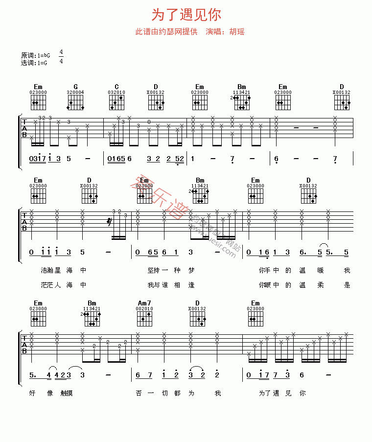 《胡瑶《为了遇见你》》吉他谱-C大调音乐网