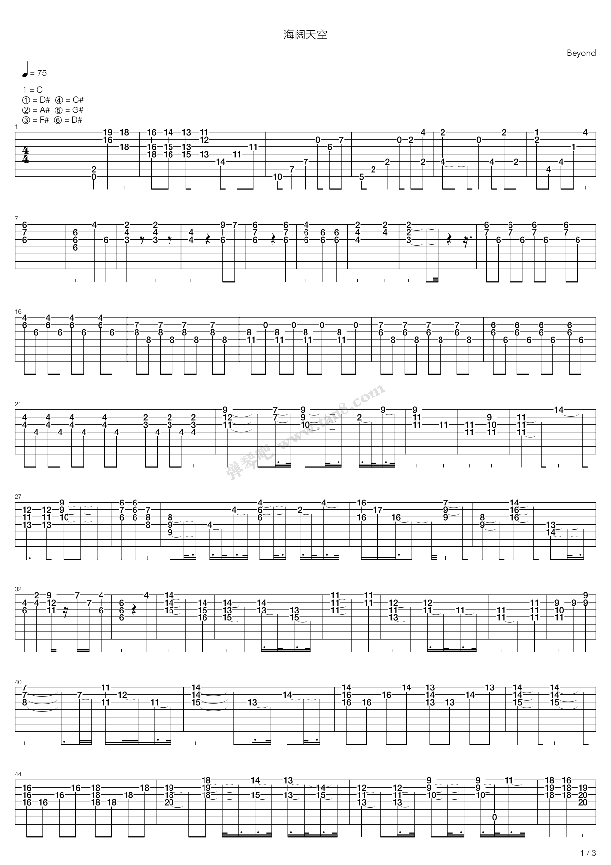 《海阔天空(仿96年演唱会版本)》吉他谱-C大调音乐网
