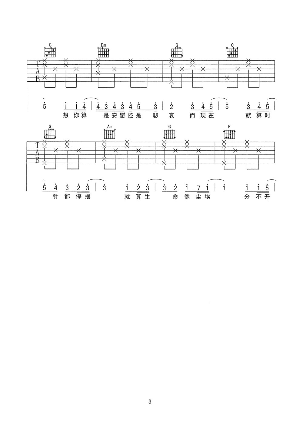 《忽然之间 简单心琴-莫文蔚-吉他图谱》吉他谱-C大调音乐网