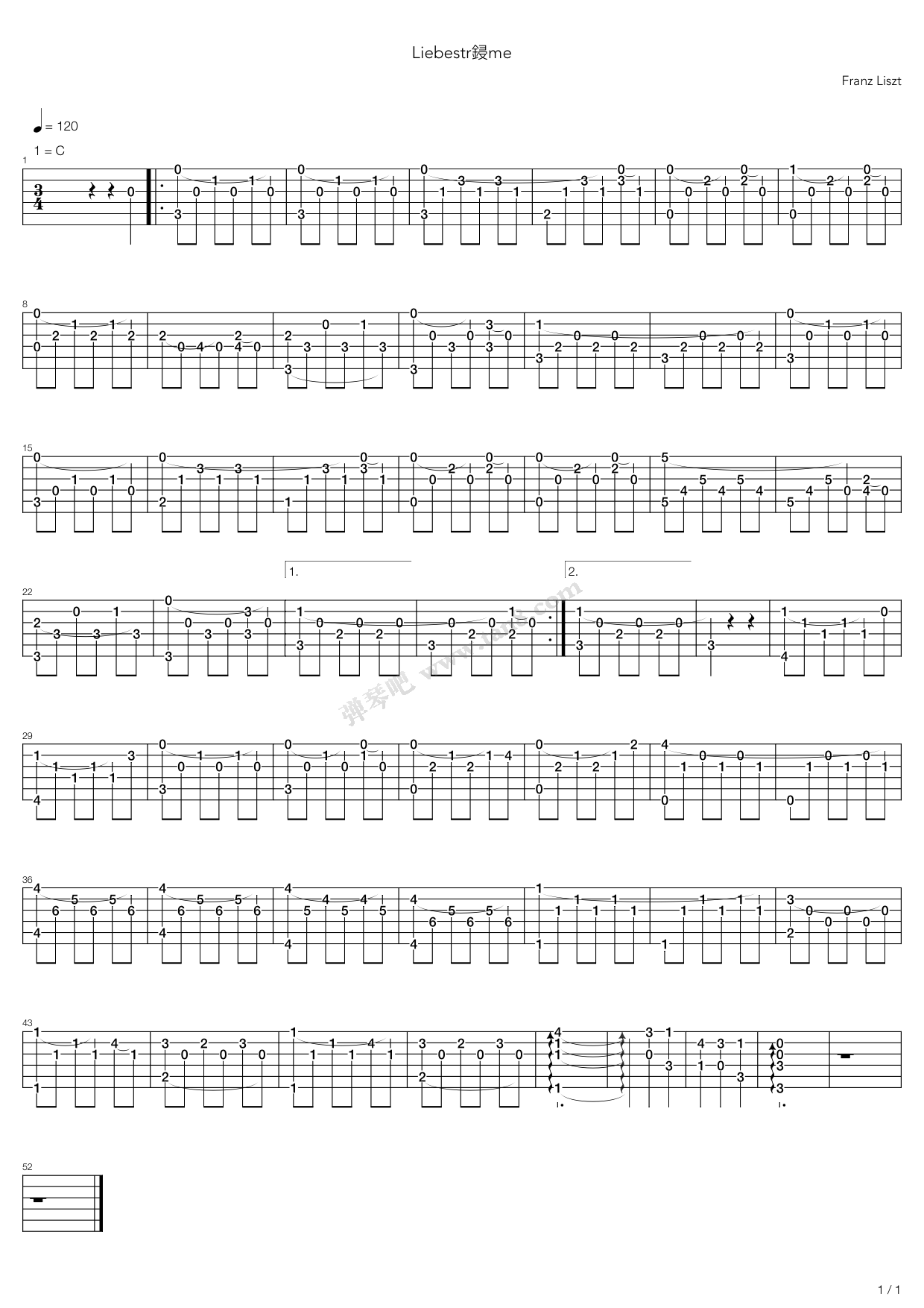 《爱之梦(Liebestr ume)》吉他谱-C大调音乐网