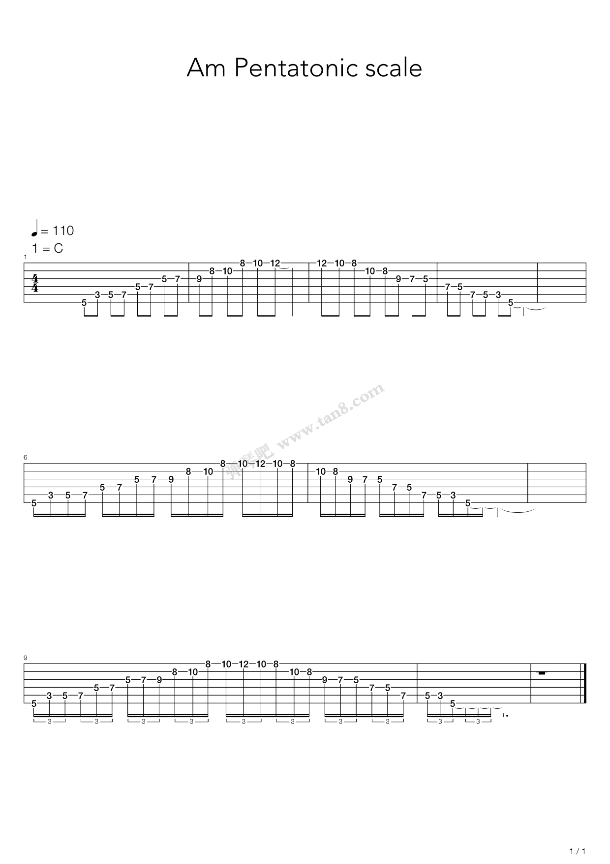 《滑弦练习 - Am Pentatonic scale》吉他谱-C大调音乐网