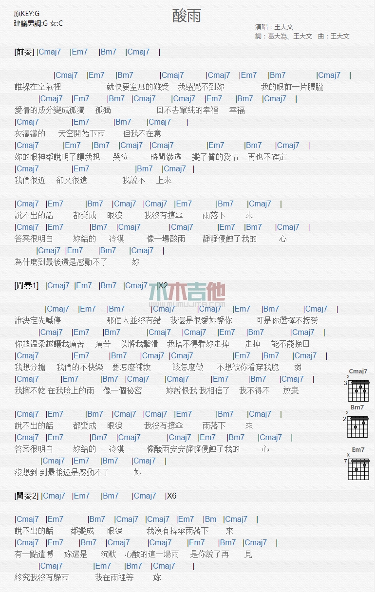 《酸雨》吉他谱-C大调音乐网