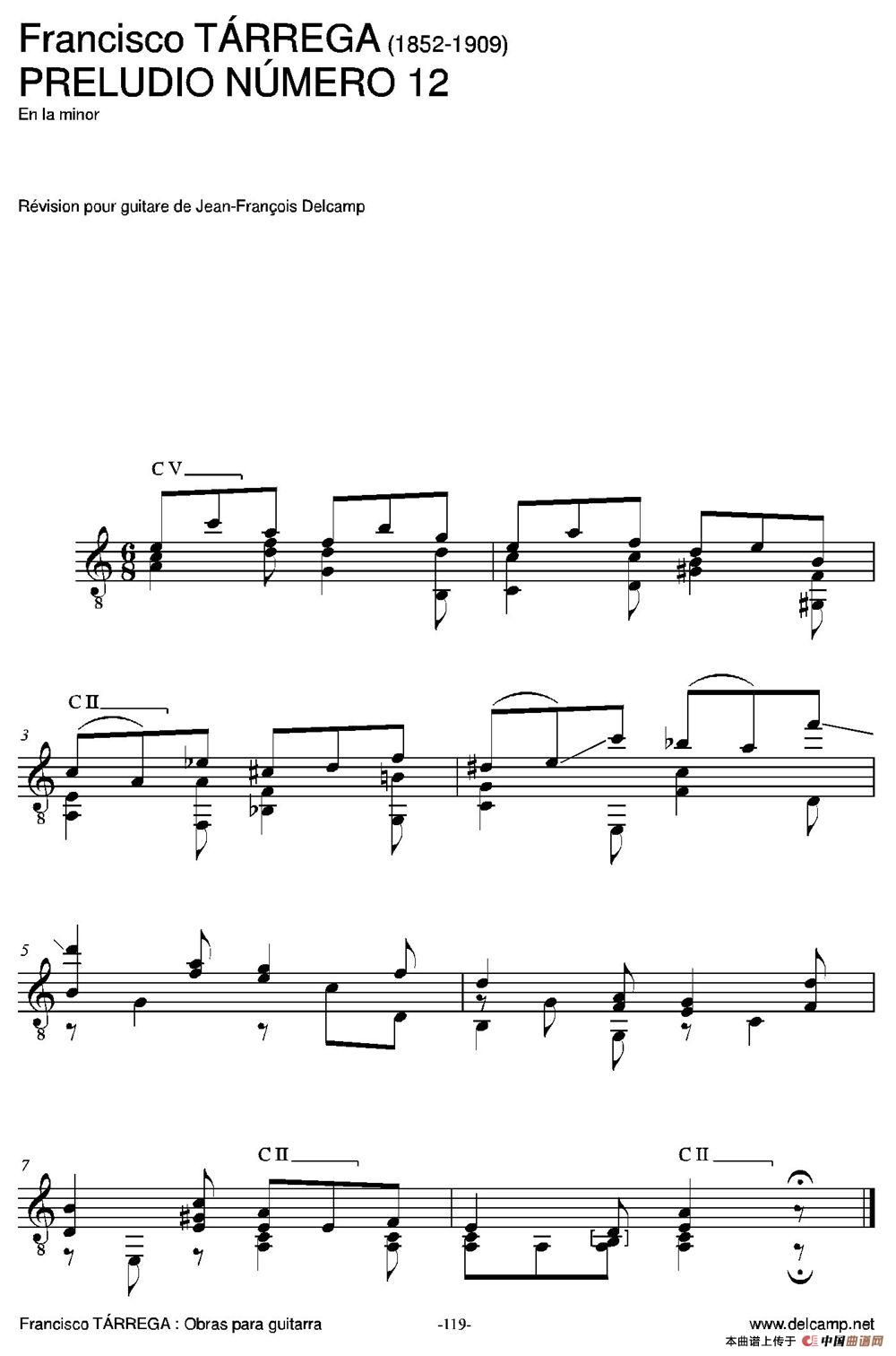 《PRELUDIO NUMERO 12(En la minor)（古典吉他）》吉他谱-C大调音乐网