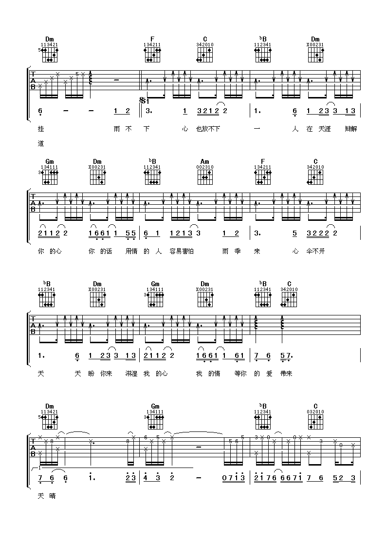 孟庭苇 不下雨就出太阳吧吉他谱-C大调音乐网