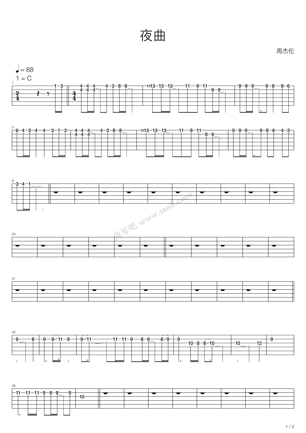 《夜曲》吉他谱-C大调音乐网
