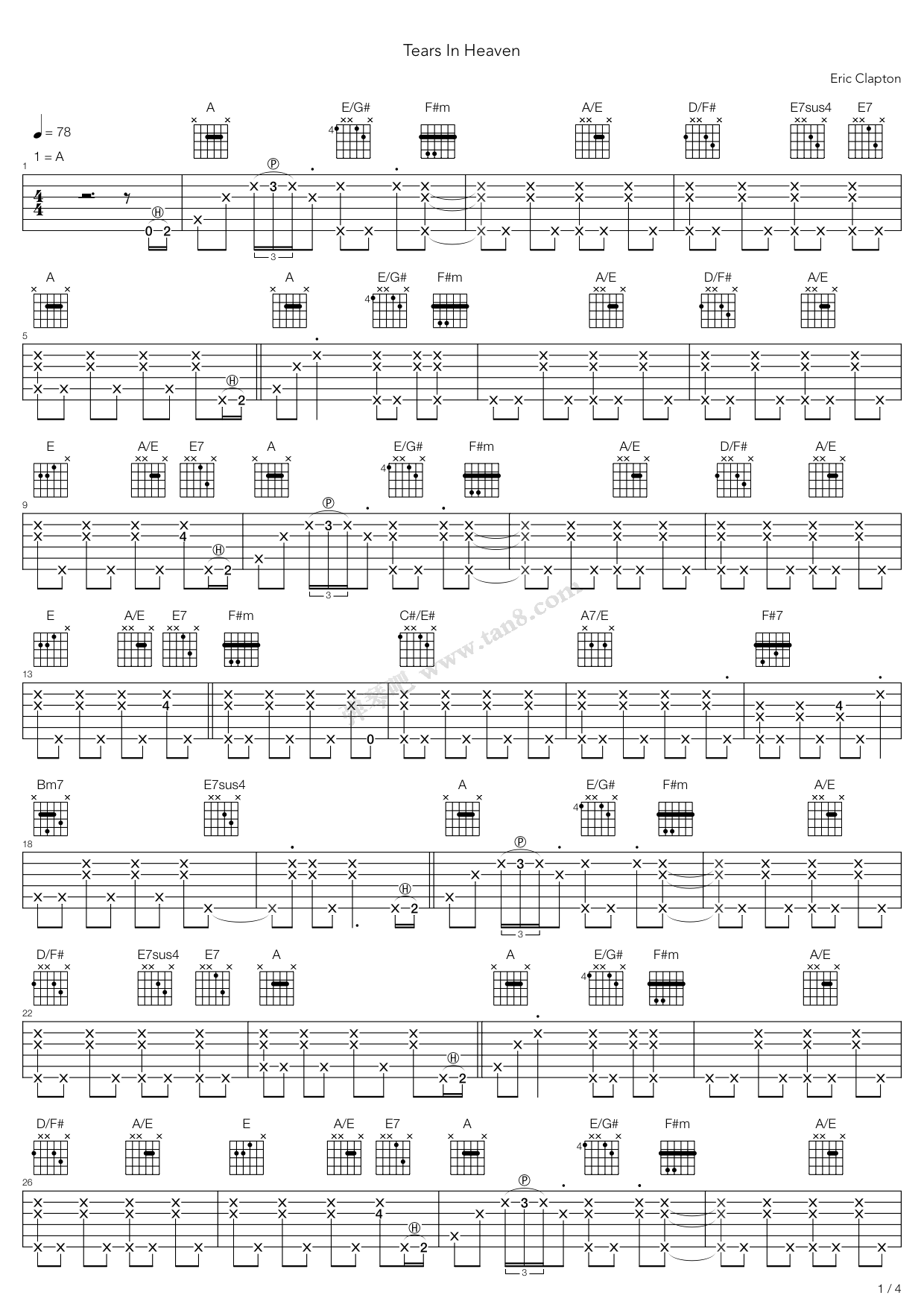 《Tears In Heaven》吉他谱-C大调音乐网