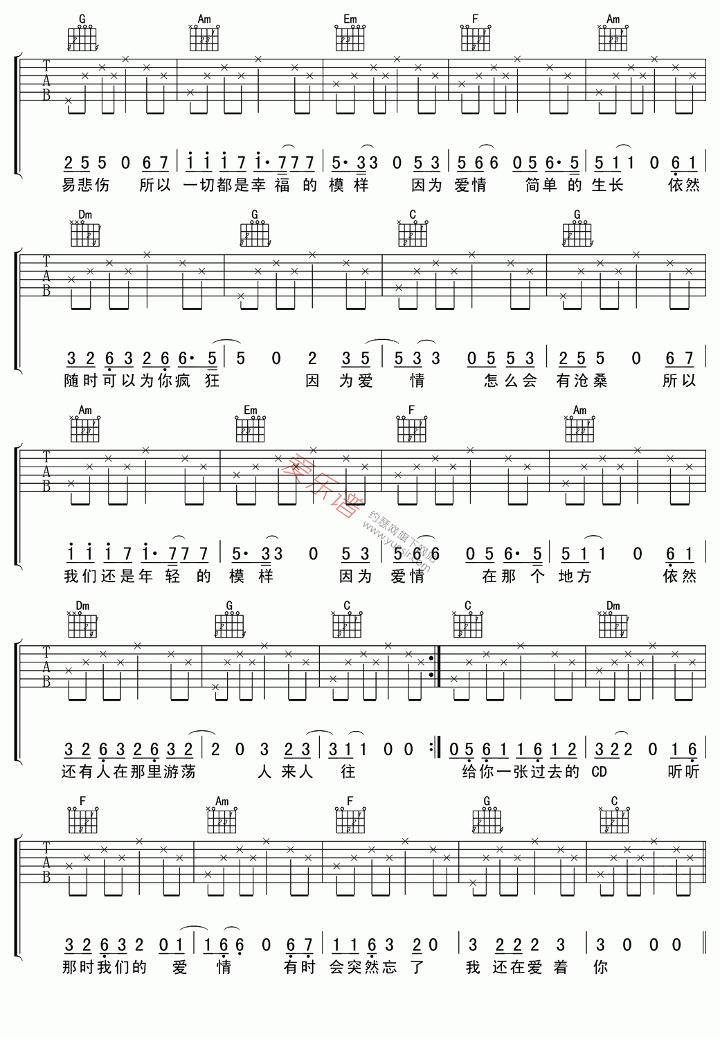 《王菲、陈奕迅《因为爱情(弹唱版)》》吉他谱-C大调音乐网