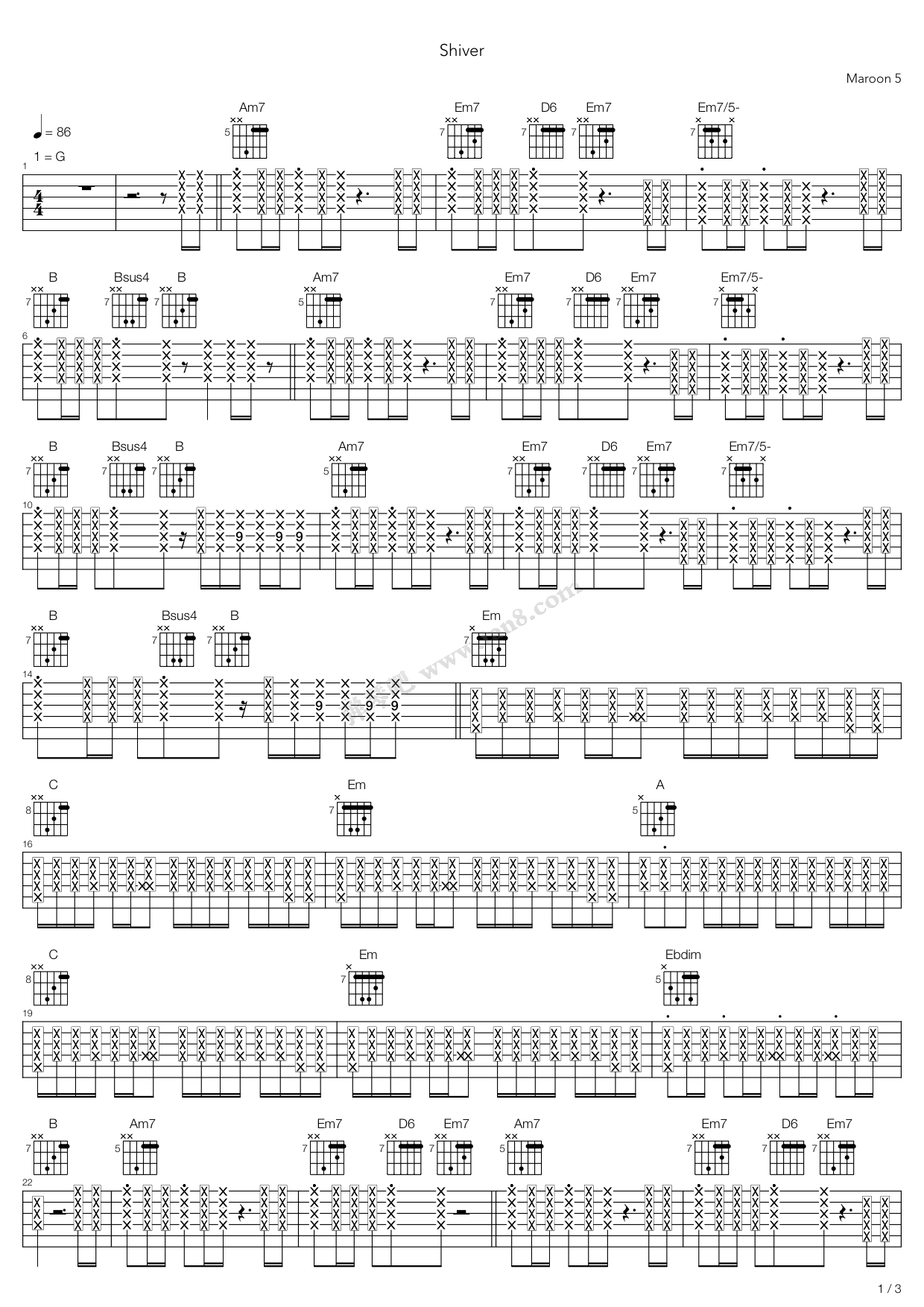 《Shiver》吉他谱-C大调音乐网