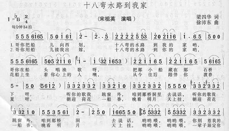 《十八弯水路到我家－宋祖英（简谱）》吉他谱-C大调音乐网