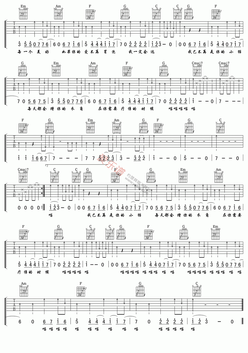 《王继阳《小猫》》吉他谱-C大调音乐网