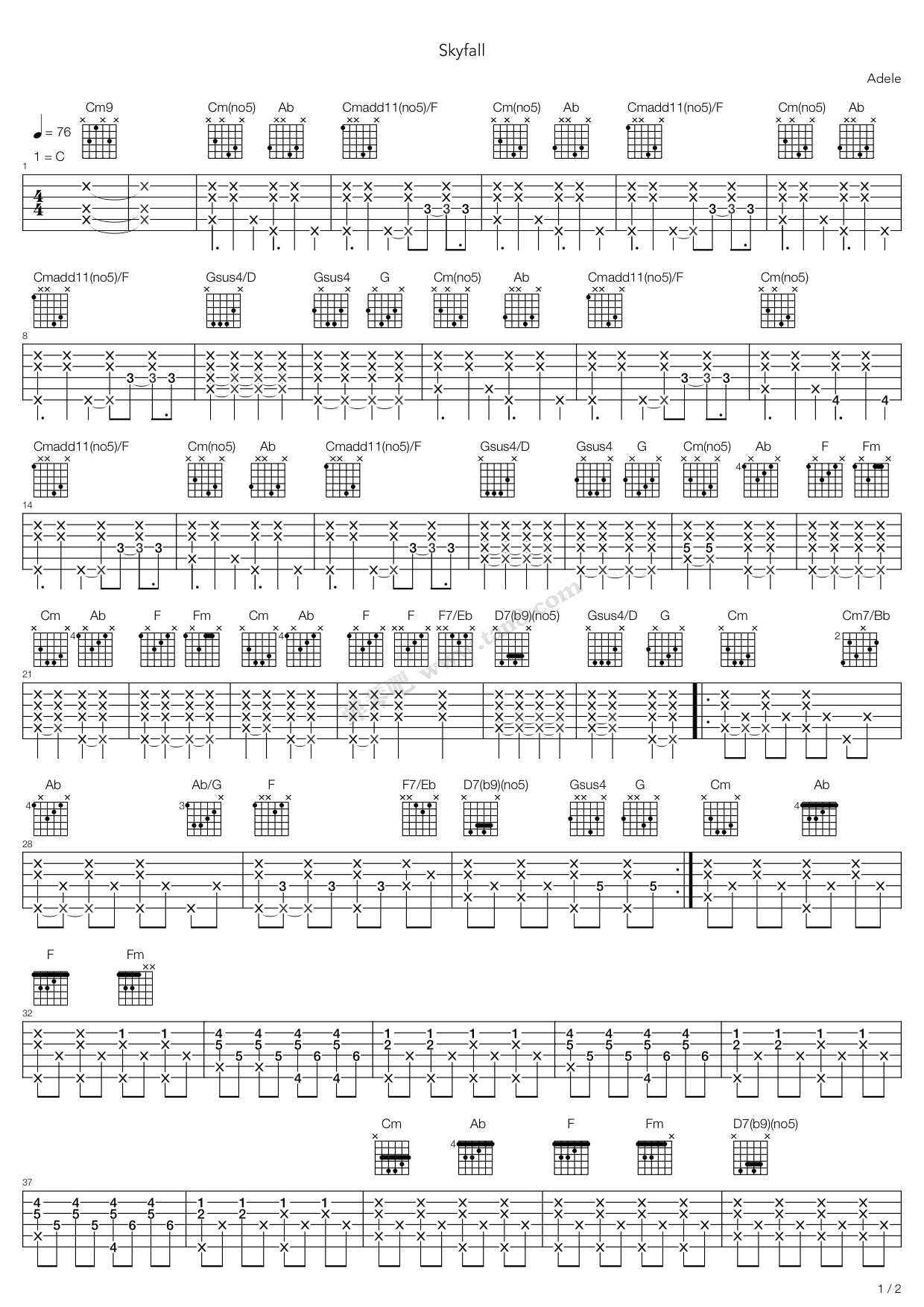 《Skyfall》吉他谱-C大调音乐网