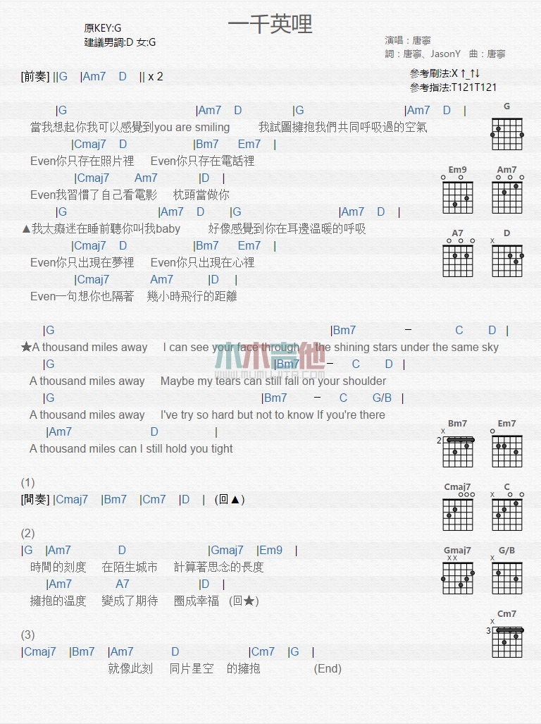 《一千英哩》吉他谱-C大调音乐网