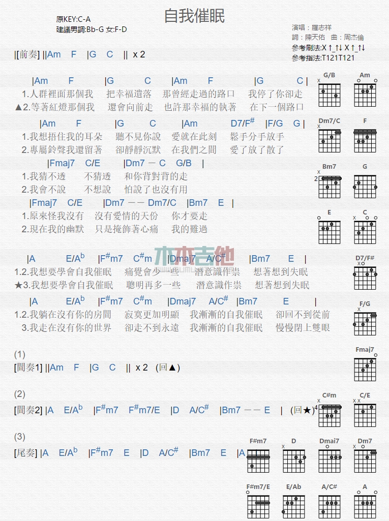 《自我催眠》吉他谱-C大调音乐网