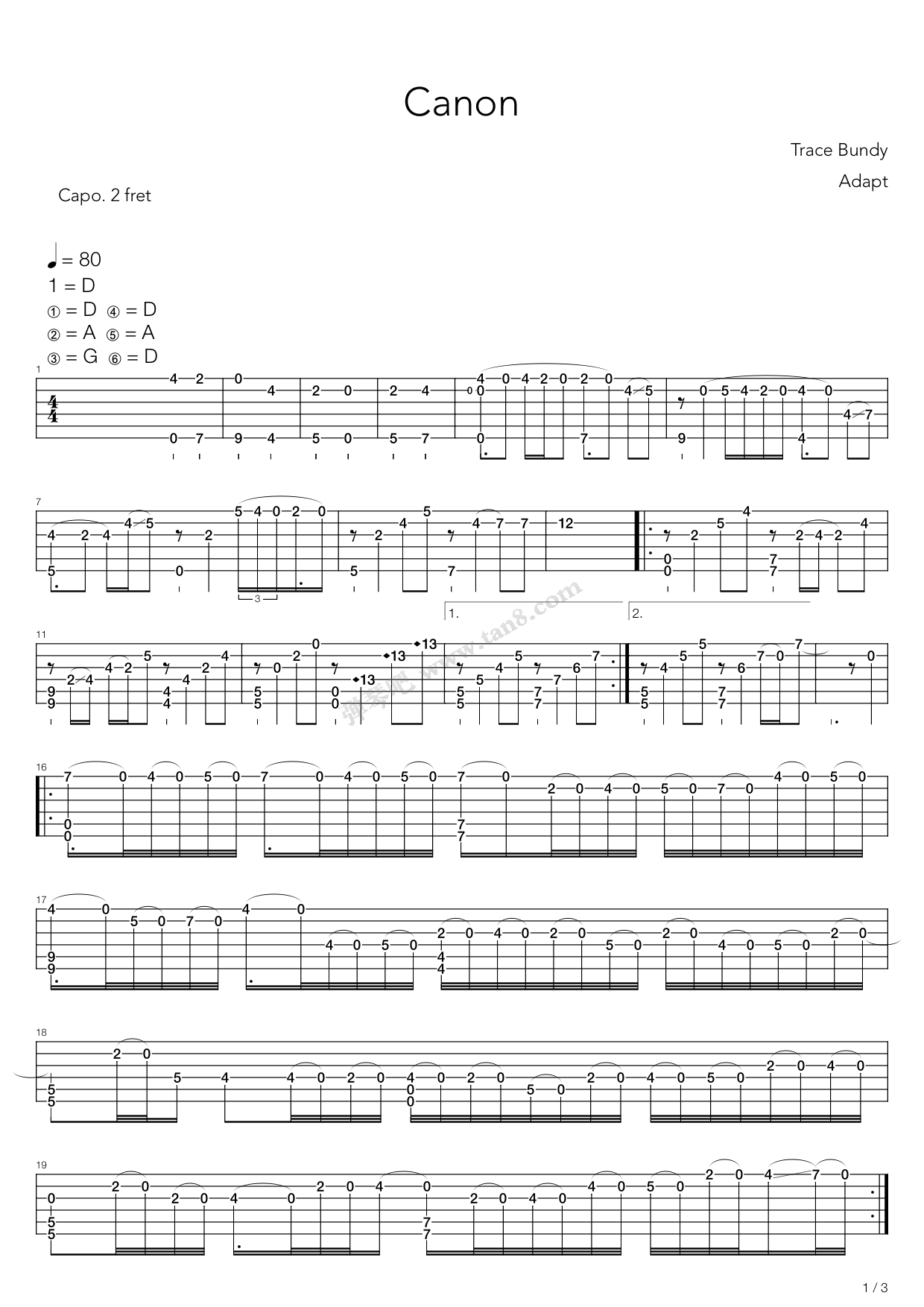 《卡农 点弦版(Canon)》吉他谱-C大调音乐网