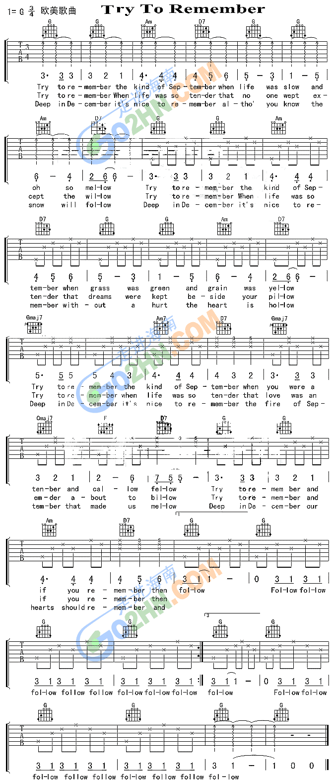 《Try To Remember》吉他谱-C大调音乐网