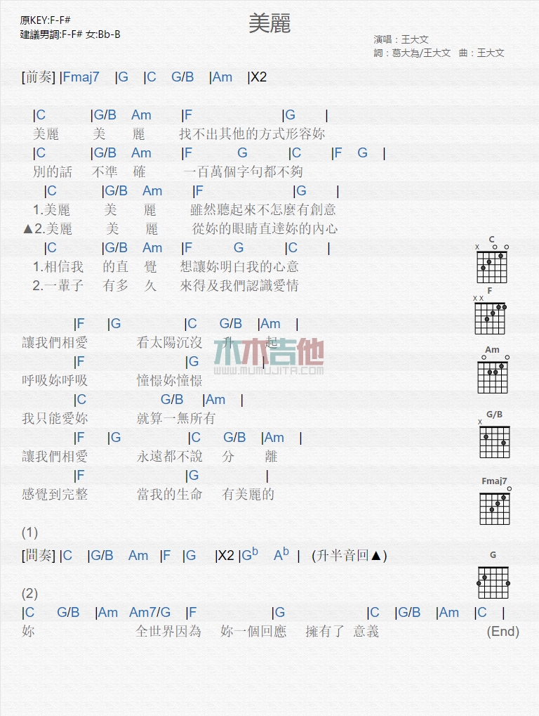 《美丽》吉他谱-C大调音乐网