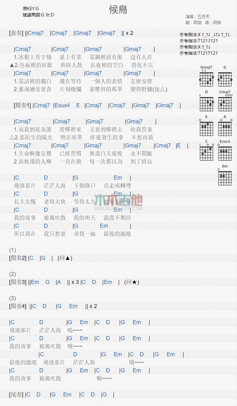 《候鸟》吉他谱-C大调音乐网