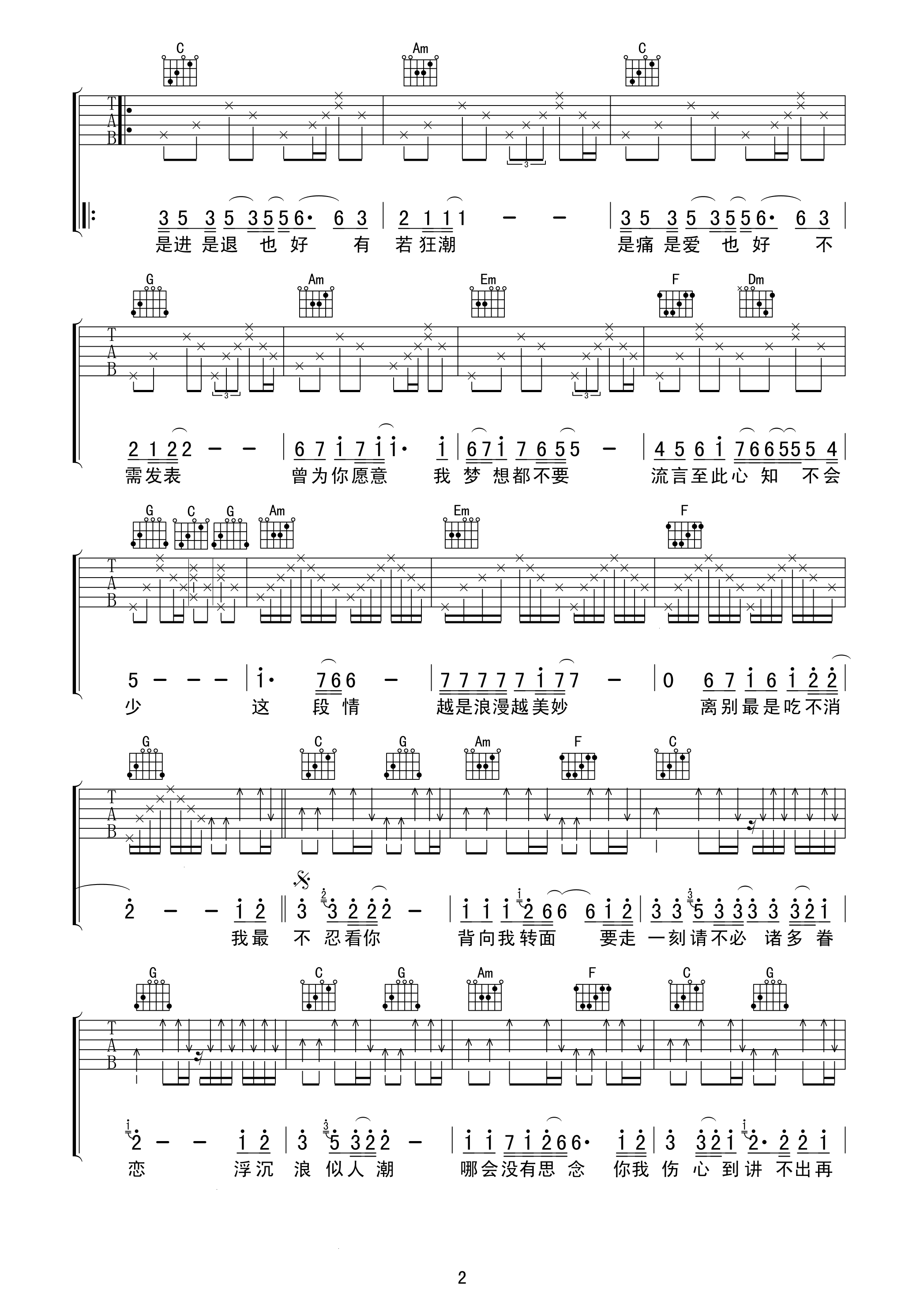 讲不出再见吉他谱 谭咏麟 C调高清弹唱谱-C大调音乐网