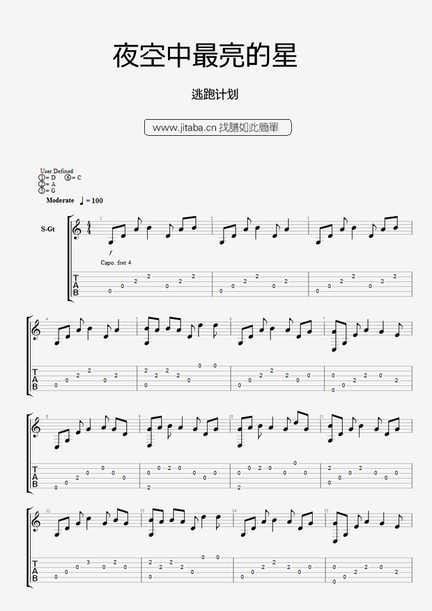 《夜空中最亮的星指弹谱_GTP吉他谱_逃跑计划》吉他谱-C大调音乐网