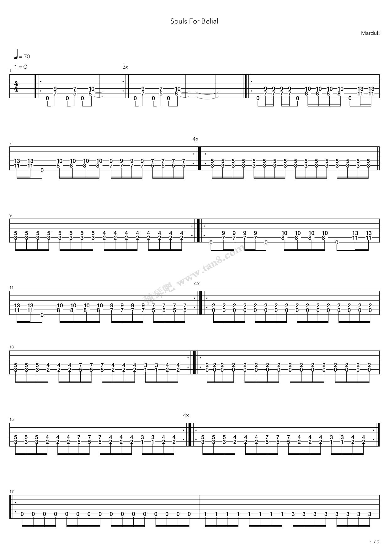 《Souls For Belial》吉他谱-C大调音乐网